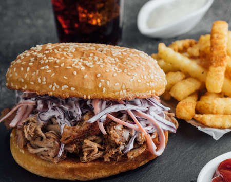 big tasty pulled pork burger with french friesの写真素材