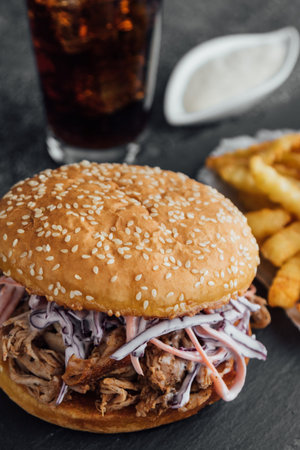 big tasty pulled pork burger with french friesの写真素材