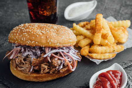 big tasty pulled pork burger with french friesの写真素材