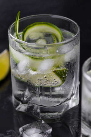 gin tonic with cucumber, lime and ice in glassの写真素材