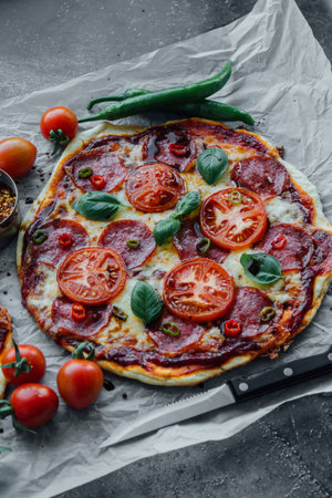fresh tasty rustic salami pizza on baking paper