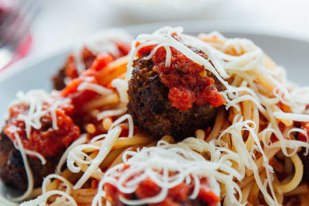 fresh tasty traditional spaghetti pasta and meatballs dishの写真素材