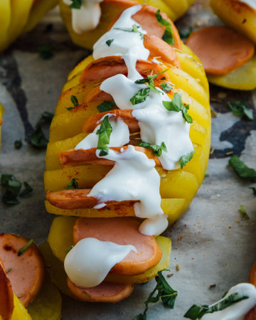 Baked hasselback potatoes with sausage and creamの写真素材