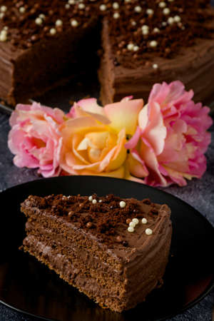 Sweet dark brown chocolate cake with decorationの写真素材