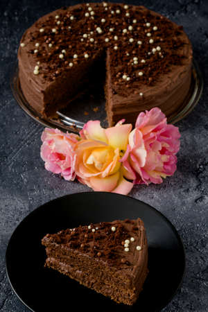 Sweet dark brown chocolate cake with decorationの写真素材