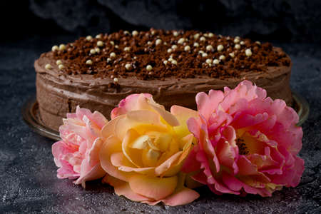Sweet dark brown chocolate cake with decorationの写真素材