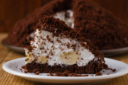 Smooth pie cake with banana and whiped creamの写真素材
