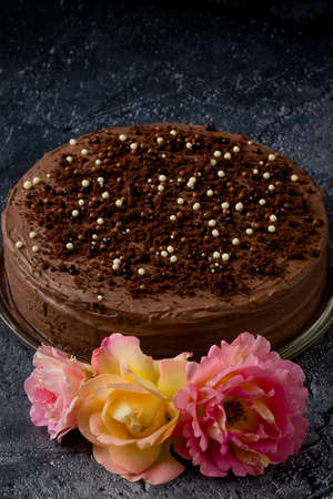 Sweet dark brown chocolate cake with decorationの写真素材