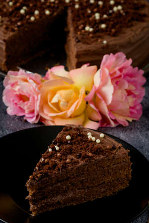 Sweet dark brown chocolate cake with decorationの写真素材
