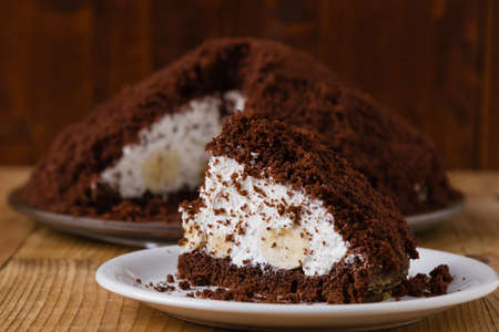 Smooth pie cake with banana and whiped creamの写真素材