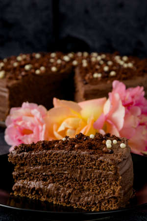 Sweet dark brown chocolate cake with decorationの写真素材