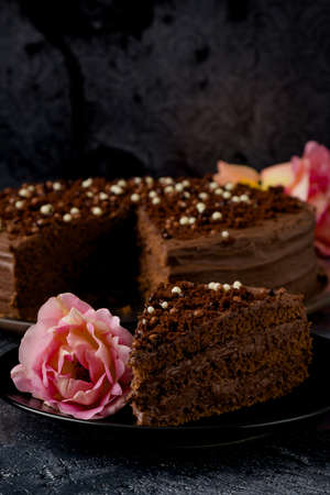 Sweet dark brown chocolate cake with decorationの写真素材