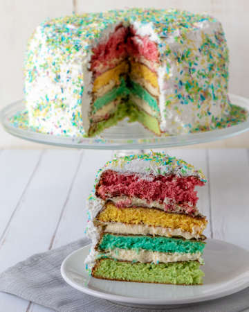 colorful rainbow cake dessert with colored layersの写真素材