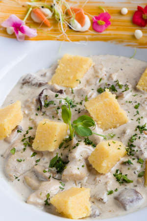 chicken with mushrooms sauce and polenta cubes in white tableの写真素材