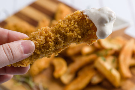 deep fried crispy chicken with fries and dipping sauce