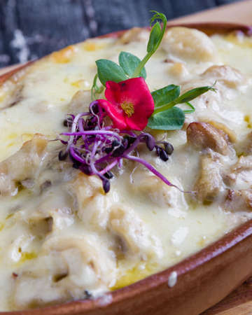 tasty delicious baked tortellini pasta in rustic bowlの写真素材