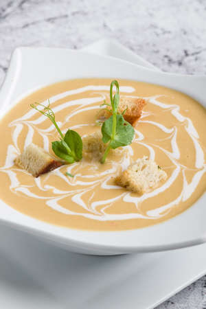 fresh vegetable cream soup with bread crums in white plateの写真素材