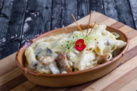 tasty delicious baked penne passta in a rustic bowlの写真素材