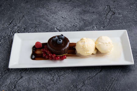 lava cake with ice cream and fruits on white plateの写真素材