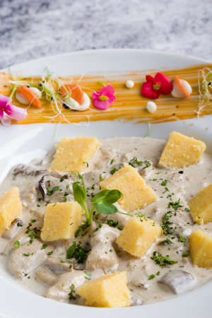 chicken with mushrooms sauce and polenta cubes in white tableの写真素材