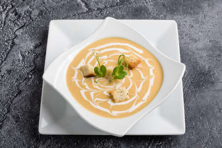 fresh vegetable cream soup with bread crums in white plateの写真素材