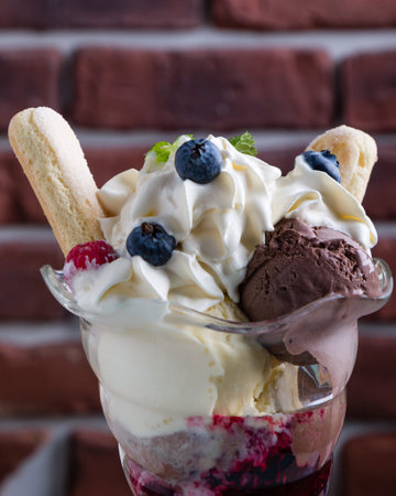 fresh sweet refreshing ice cream sundae in glass