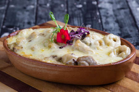 tasty delicious baked tortellini pasta in rustic bowlの写真素材