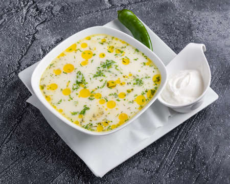 fresh tasty traditional stew soup in white bowlの写真素材