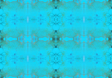 Pattern of monotypes of green and blue spots on a turquoise background