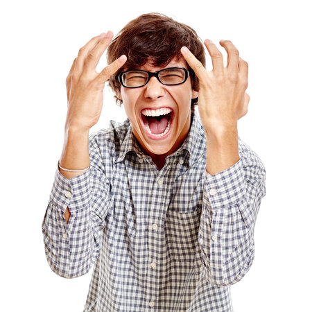 Young hispanic man wearing blue checkered shirt and black glasses standing with hands near his head...