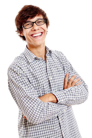Young hispanic man wearing blue checkered shirt and black glasses standing with crossed arms and laughing isolated on white backgroundの写真素材