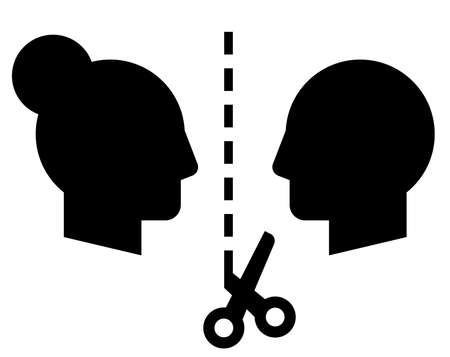 Vector icon of scissors on cutting line between woman and man profilesのイラスト素材
