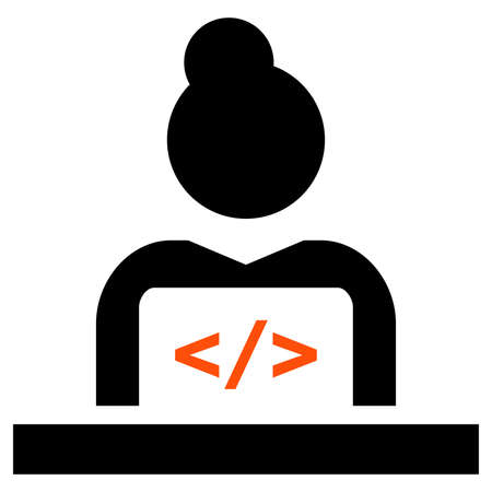 Vector icon of female software developer coding on laptop