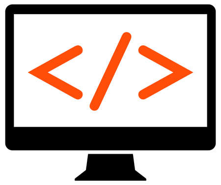 Vector icon of desktop computer with code symbols on screen