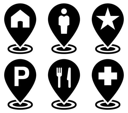 Map markers with following symbols: home, man, star, parking, food, hospital.のイラスト素材