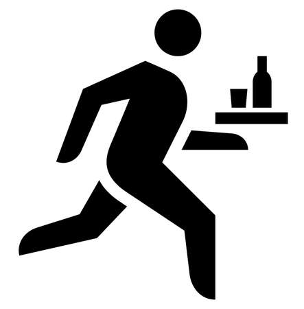 Black sign of man carrying tray with bottle and glass.のイラスト素材