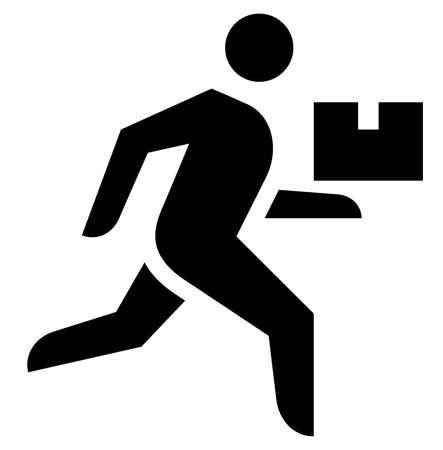 Black sign of delivery service man carrying big parcel box.のイラスト素材