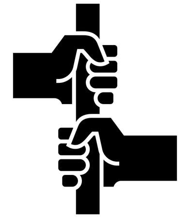 Black sign of two passengers holding handle in public transport.のイラスト素材