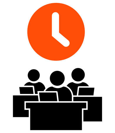 Big orange clock above group of people working on laptops.のイラスト素材