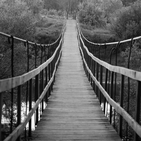 Suspended wooden bridge in black and whiteの写真素材