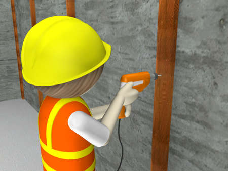 3d Construction worker using a drill screw down into a piece of wood の写真素材