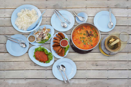 top view set of many plates with asian foodの写真素材