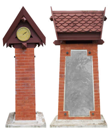clock tower and stone signpost on white