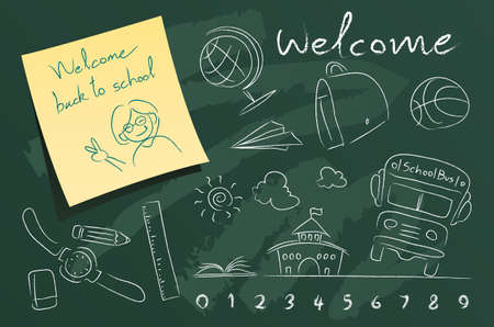 set of school vector illustrations on green blackboardのイラスト素材