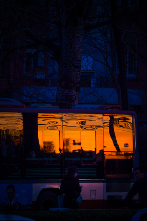 The street in front of the door, filled with the vehicle to go home, which is the bus, pulled the sunset today.の写真素材