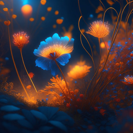 3D rendering of an abstract fantasy world with flowers and plants.の素材