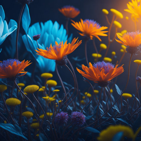 Colorful flowers in the garden at sunset. floral background.の素材