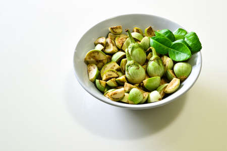 Thai Eggplant and the Kaffir Lime Leaf, Raw Thai Foodの写真素材