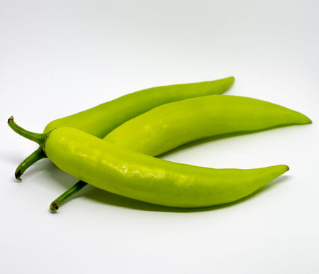 Green Hot Chilli Pepper of Thailand isolated on the white backgroundの写真素材