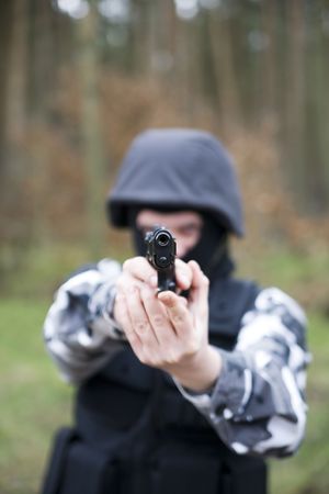 a lonely S.W.A.T ranger in the forest